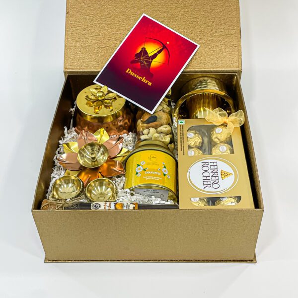 Perfect Dhanteras Gift Set: Oh Cha Tea, Mixed Nuts Bottle, Decorative Copper Bowl, and More - Image 4