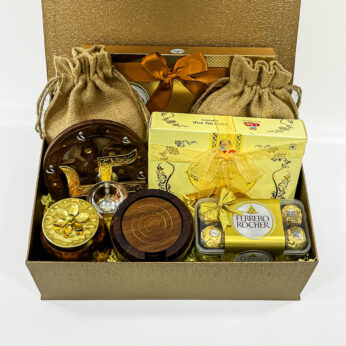 Dussehra Delights Gift Set – Gourmet Cashews, Ferrero Rocher, Wooden Coasters, and More