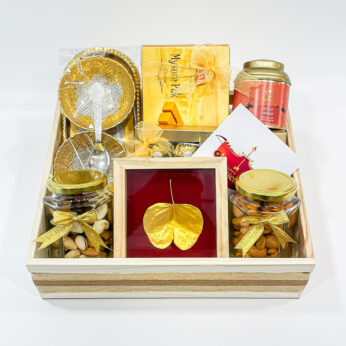 Golden Dussehra Delights: Festive Gift Hamper with Exquisite Palm Leaf Photo Frame, Mixed Nuts, Mysore Pak, and Sweet Surprises