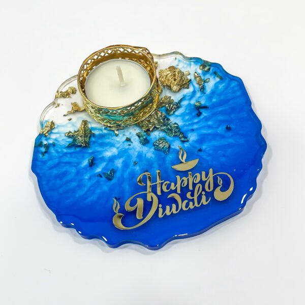 Charming blue: resin coaster with Diya holder for Diwali moments (L 4.5 x W 4.5 inches) - Image 3