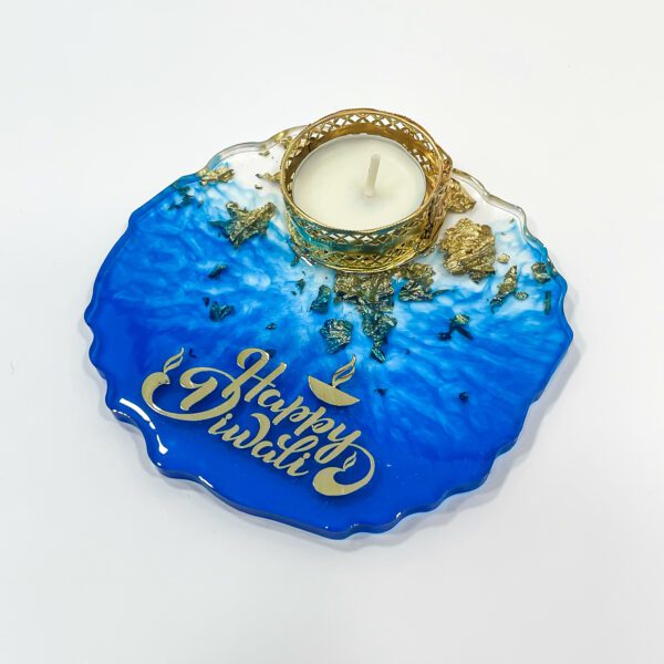 Charming blue: resin coaster with Diya holder for Diwali moments (L 4.5 x W 4.5 inches) - Image 4