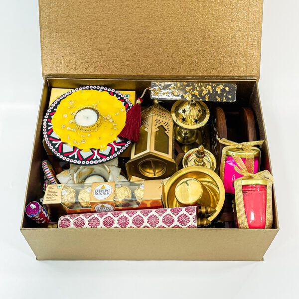 Luxury Diwali Hampers with Spices Box, Handcrafted Kerala Wooden Cargo Boat, Akhand Diya, Brass Dabara Set, and More Premium Gift Items - Image 2