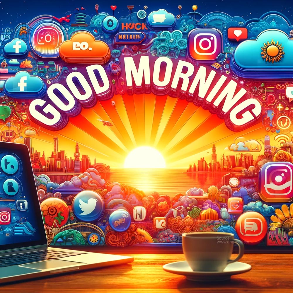 DALL┬╖E 2024 05 18 08.09.02 A vibrant good morning wish image featuring a social media theme. The scene includes icons and symbols from popular social media platforms such as Fa India's Favourite Online Gift Shop