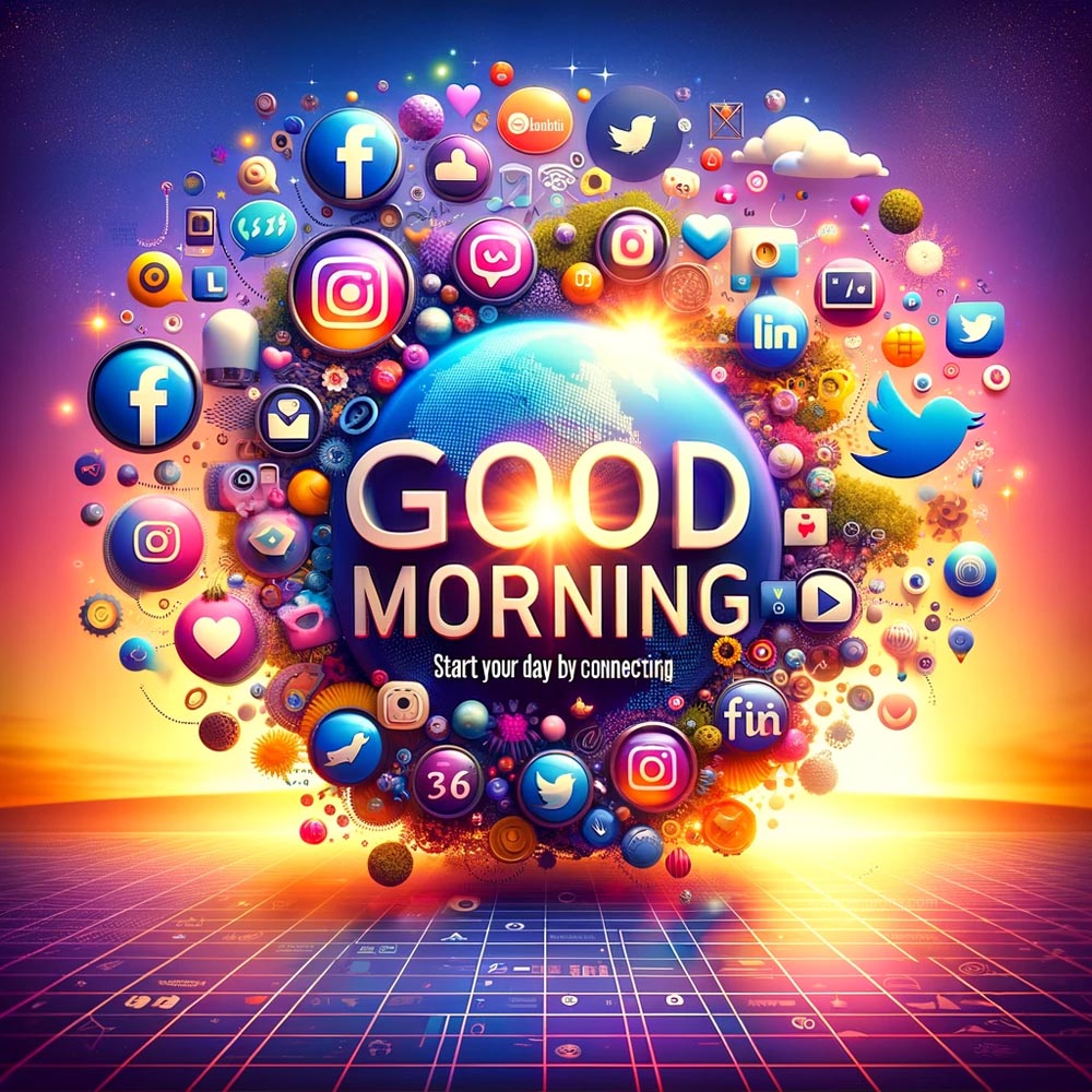 DALL┬╖E 2024 05 18 08.09.04 A vibrant good morning wish image featuring a social media theme. The scene includes icons and symbols from popular social media platforms such as Fa India's Favourite Online Gift Shop