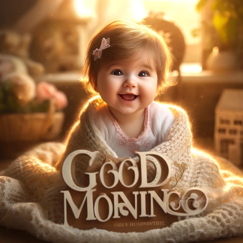 DALL┬╖E 2024 05 18 08.10.47 A heartwarming good morning wish image featuring a cute baby girl. The scene captures the baby girl smiling or laughing wrapped in a cozy blanket or India's Favourite Online Gift Shop