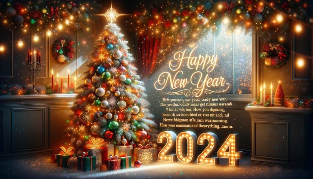 Happy New year greetings with xmas tree