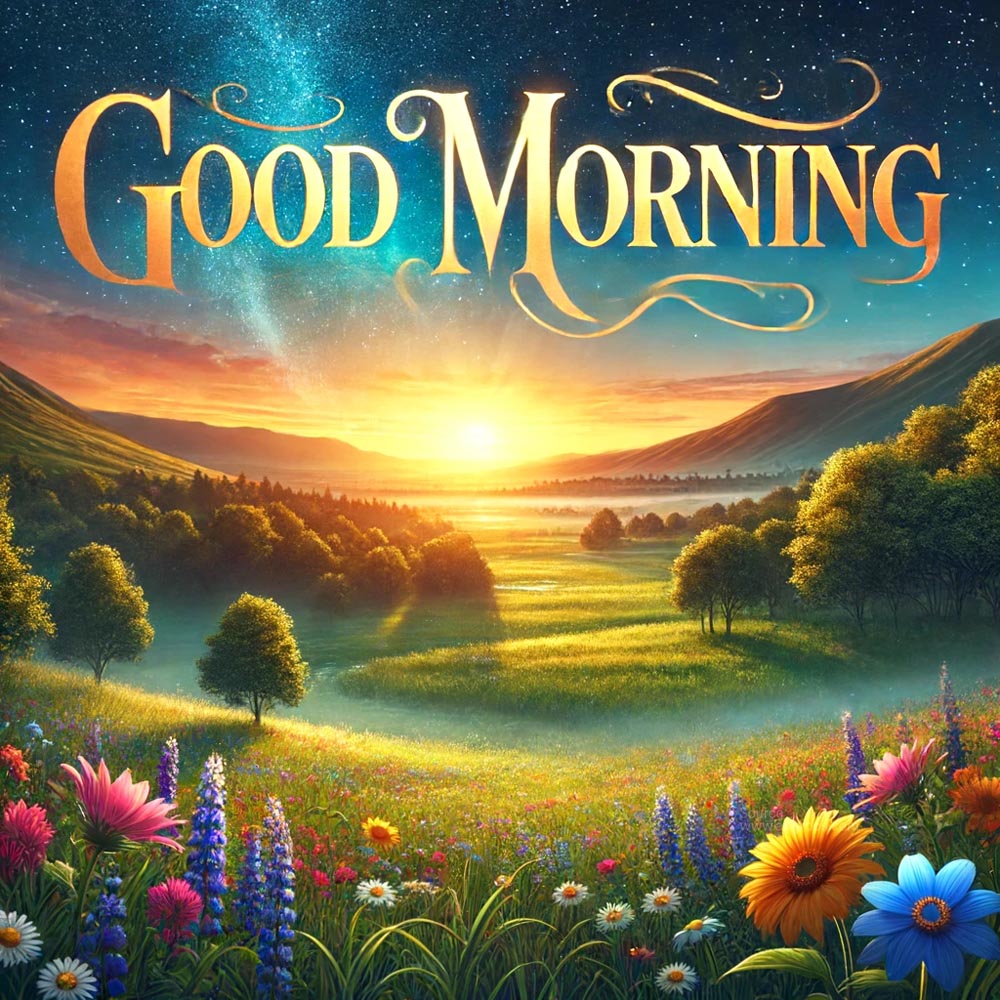 good morning wish image featuring a magical meadow at sunrise India's Favourite Online Gift Shop