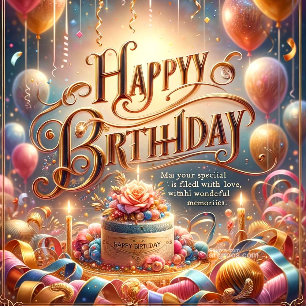 DALL┬╖E 2024 01 18 17.07.28 A realistic birthday greeting card featuring a vibrant celebratory background. In the center Happy Birthday is written in elegant cursive script India's Favourite Online Gift Shop