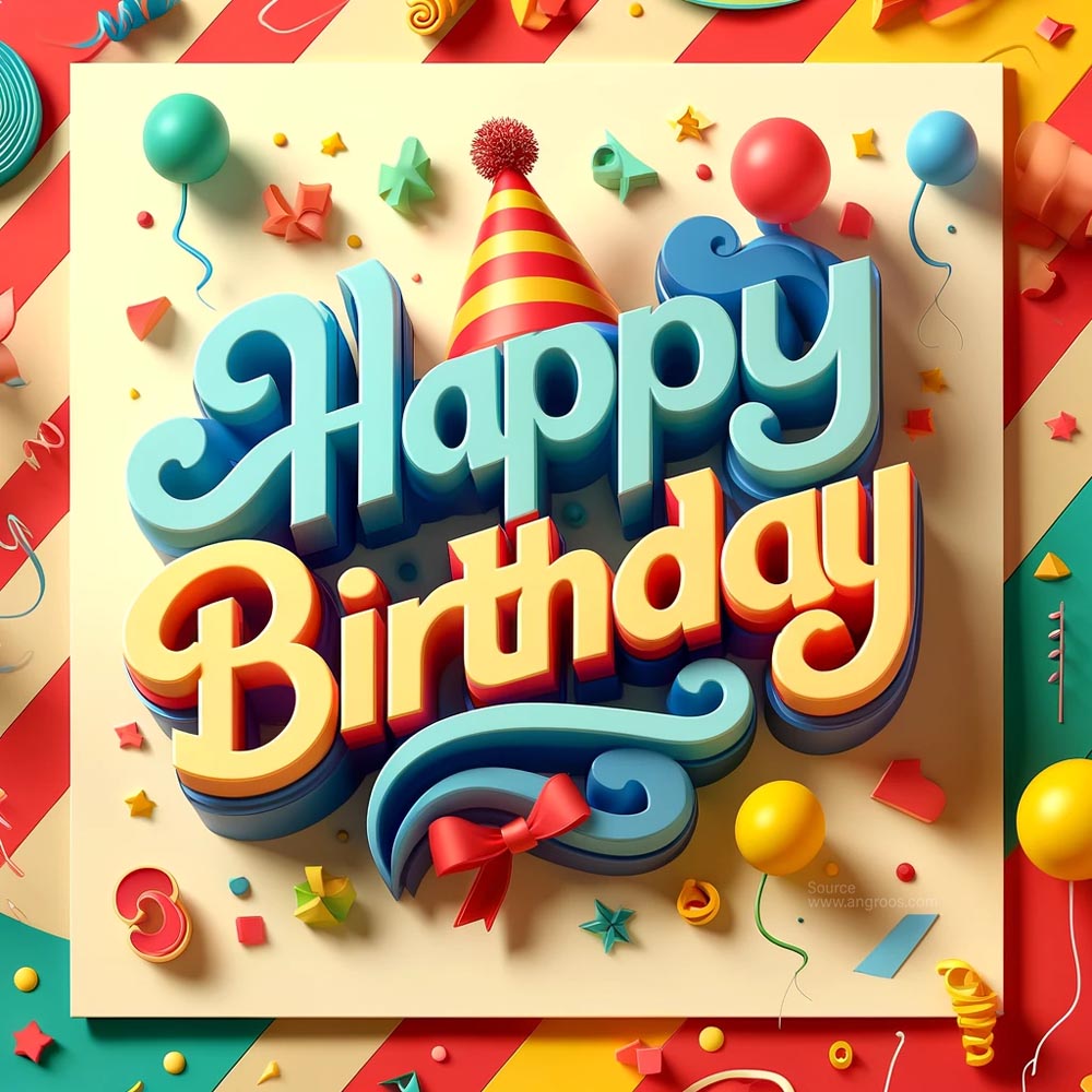 DALL┬╖E 2024 05 20 22.29.11 A festive birthday greeting card with the text Happy Birthday in stylish playful 3D lettering. The card features a colorful 3D party cap above the India's Favourite Online Gift Shop