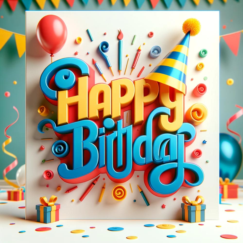 DALL┬╖E 2024 05 20 22.29.12 A festive birthday greeting card with the text Happy Birthday in stylish playful 3D lettering. The card features a colorful 3D party cap above the 1 1 India's Favourite Online Gift Shop