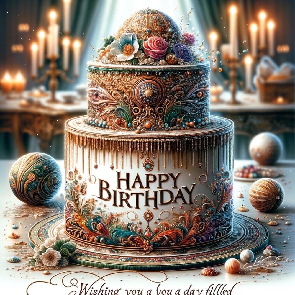 DALL┬╖E 2024 05 20 22.30.23 A unique and ultra realistic birthday greeting card featuring a stunningly decorated birthday cake. The card displays Happy Birthday in elegant art 1 India's Favourite Online Gift Shop