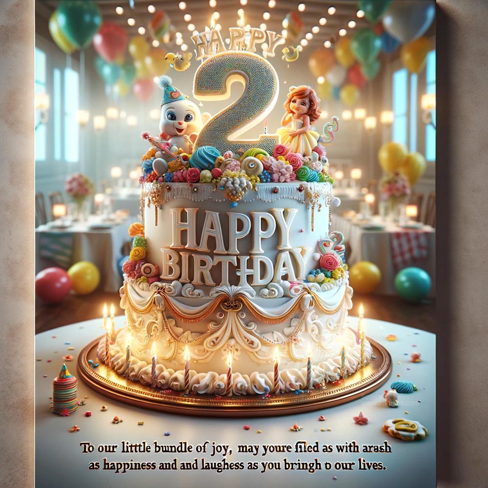 DALL┬╖E 2024 05 20 22.31.52 An ultra realistic birthday greeting card for a second birthday featuring a beautifully decorated 2nd birthday cake. The card displays Happy 2nd Bir India's Favourite Online Gift Shop