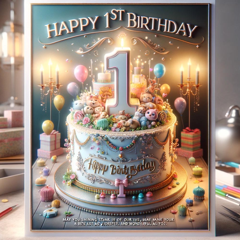 DALL┬╖E 2024 05 20 22.31.55 An ultra realistic birthday greeting card for a first birthday featuring a beautifully decorated 1st birthday cake. The card displays Happy 1st Birt India's Favourite Online Gift Shop