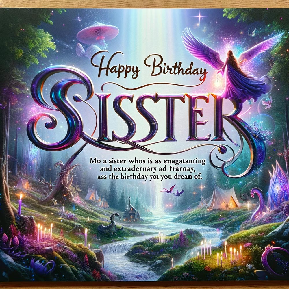 DALL┬╖E 2024 05 20 22.32.02 An ultra realistic 3D style birthday greeting card for a sister with a fantasy theme. The card features Happy Birthday Sister in 3D magical letteri India's Favourite Online Gift Shop