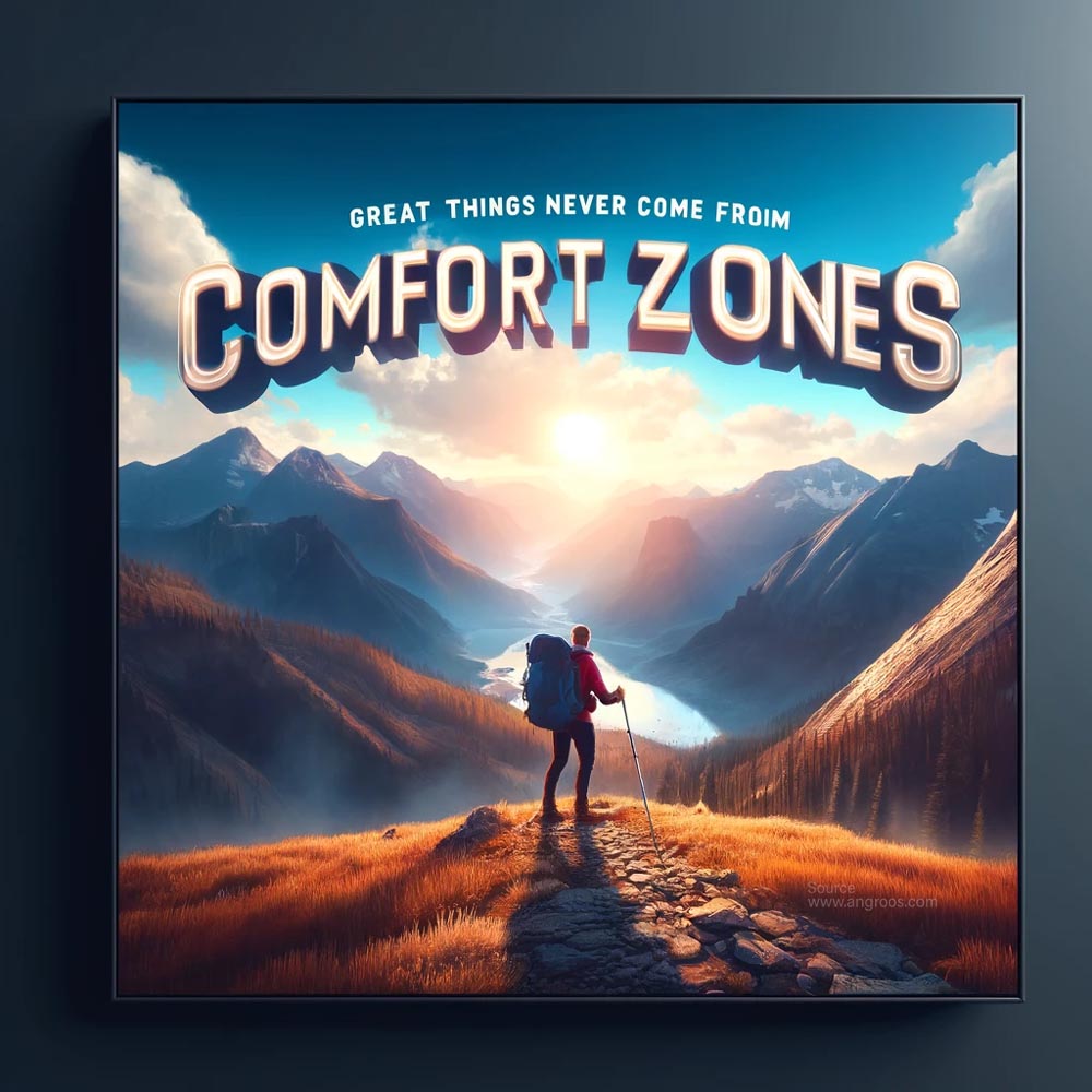 DALL┬╖E 2024 05 18 08.40.35 A highly realistic and vibrant square image featuring the motivational quote Great things never come from comfort zones. The background showcases a India's Favourite Online Gift Shop