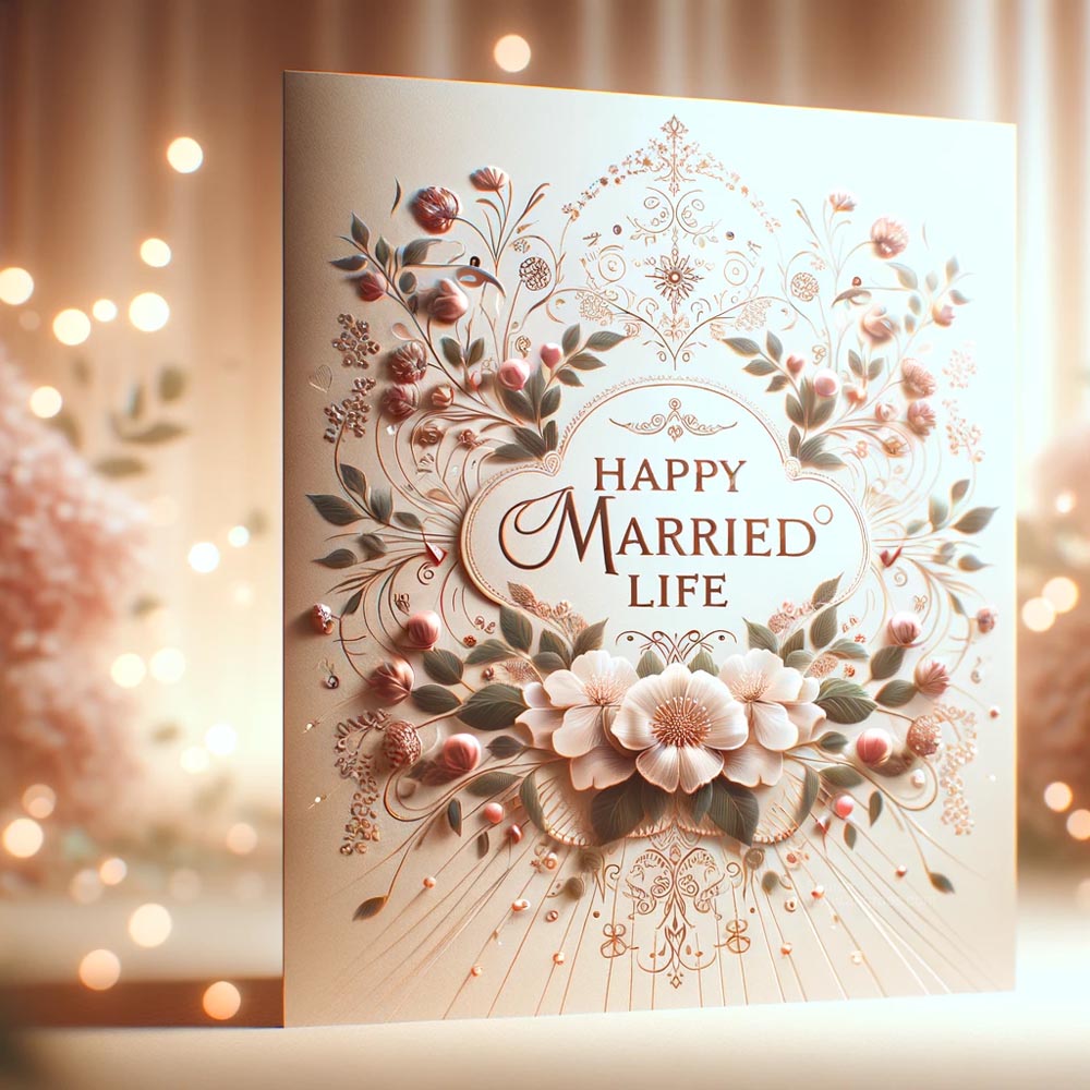 DALL┬╖E 2024 05 20 22.01.24 Create an ultra realistic image of an elegant wedding greeting card with the message Happy Married Life. The card should be artistically designed wi India's Favourite Online Gift Shop