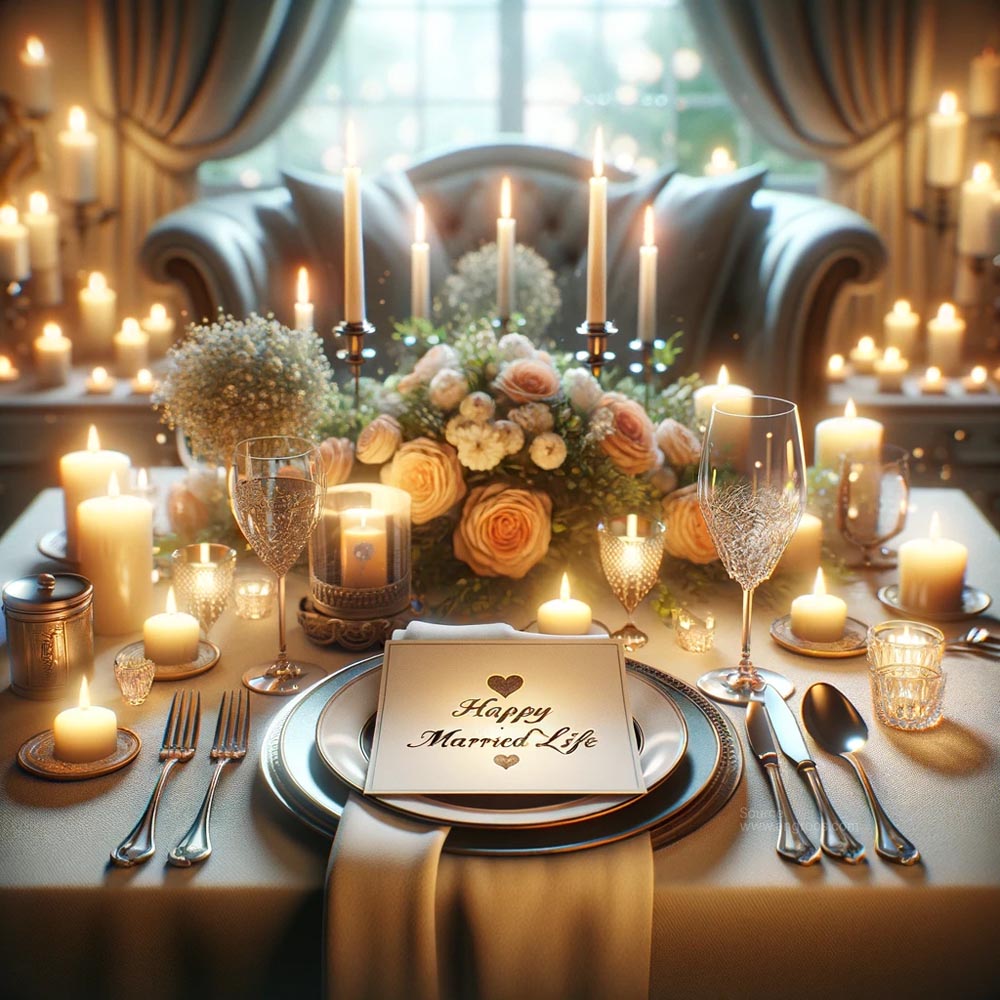 DALL┬╖E 2024 05 20 22.02.06 Create an ultra realistic image depicting a romantic candlelight dinner setting with the message Happy Married Life. The scene should include a beau India's Favourite Online Gift Shop