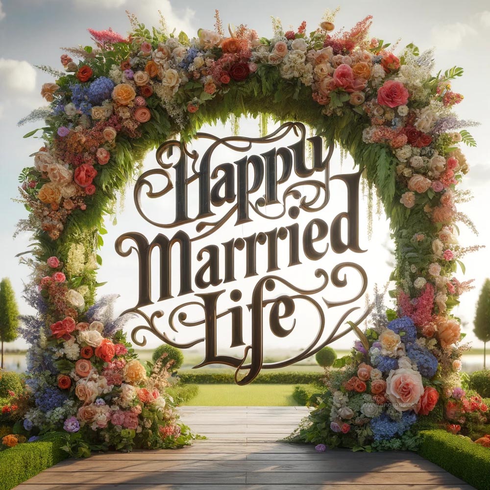 DALL┬╖E 2024 05 20 22.03.11 Create an ultra realistic image with the message Happy Married Life displayed in large elegant text integrated into a lavish floral arch. The scene India's Favourite Online Gift Shop