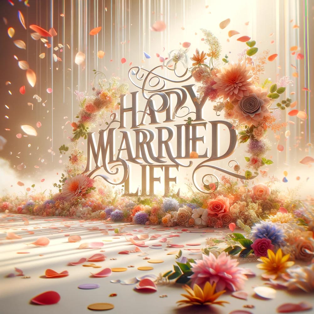 DALL┬╖E 2024 05 20 22.03.26 Create an ultra realistic image with the message Happy Married Life displayed in large elegant text among a backdrop of floating flower petals. The India's Favourite Online Gift Shop