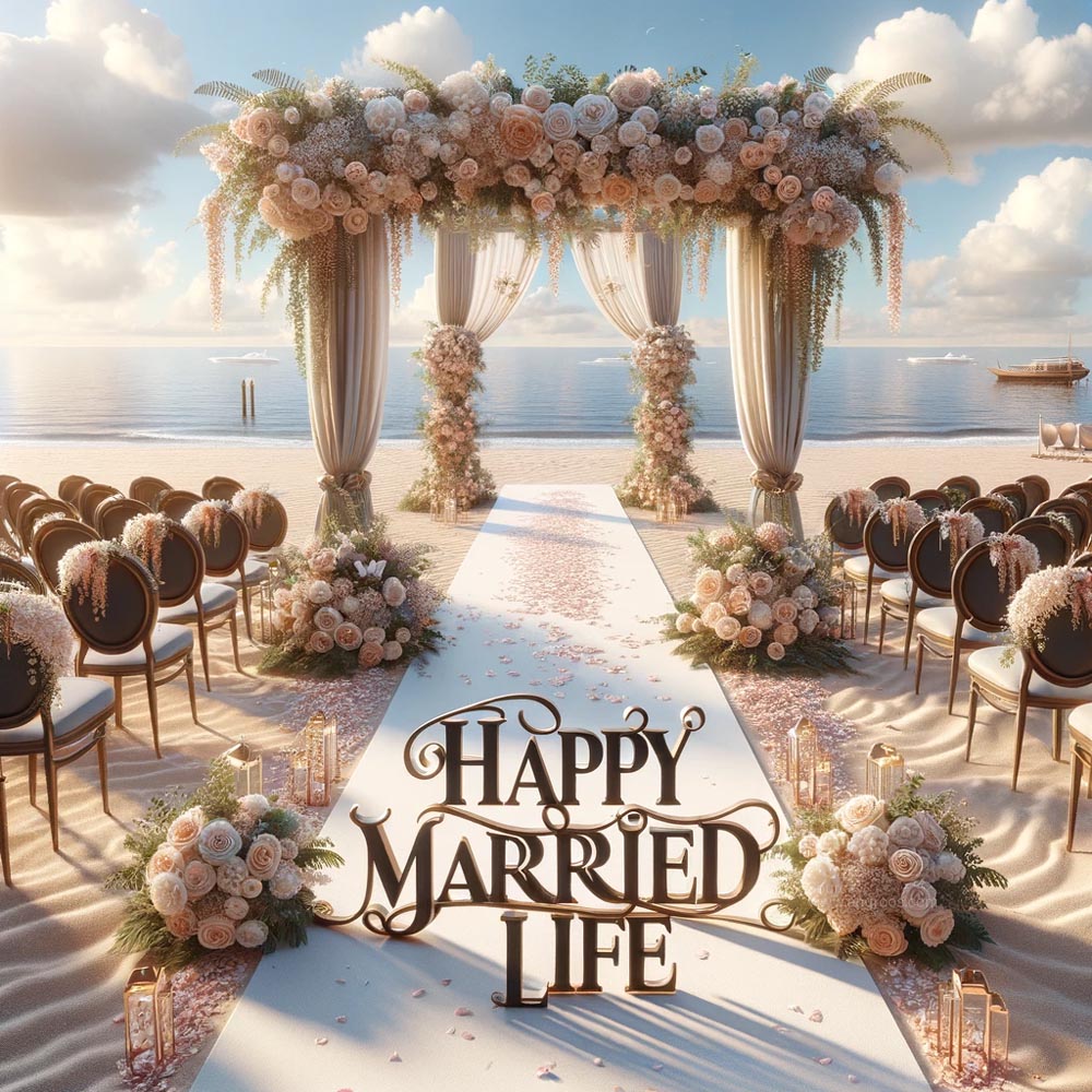 DALL┬╖E 2024 05 20 22.03.49 Create an ultra realistic image of a lavishly decorated beach wedding scene with the message Happy Married Life displayed in large elegant text. Th India's Favourite Online Gift Shop