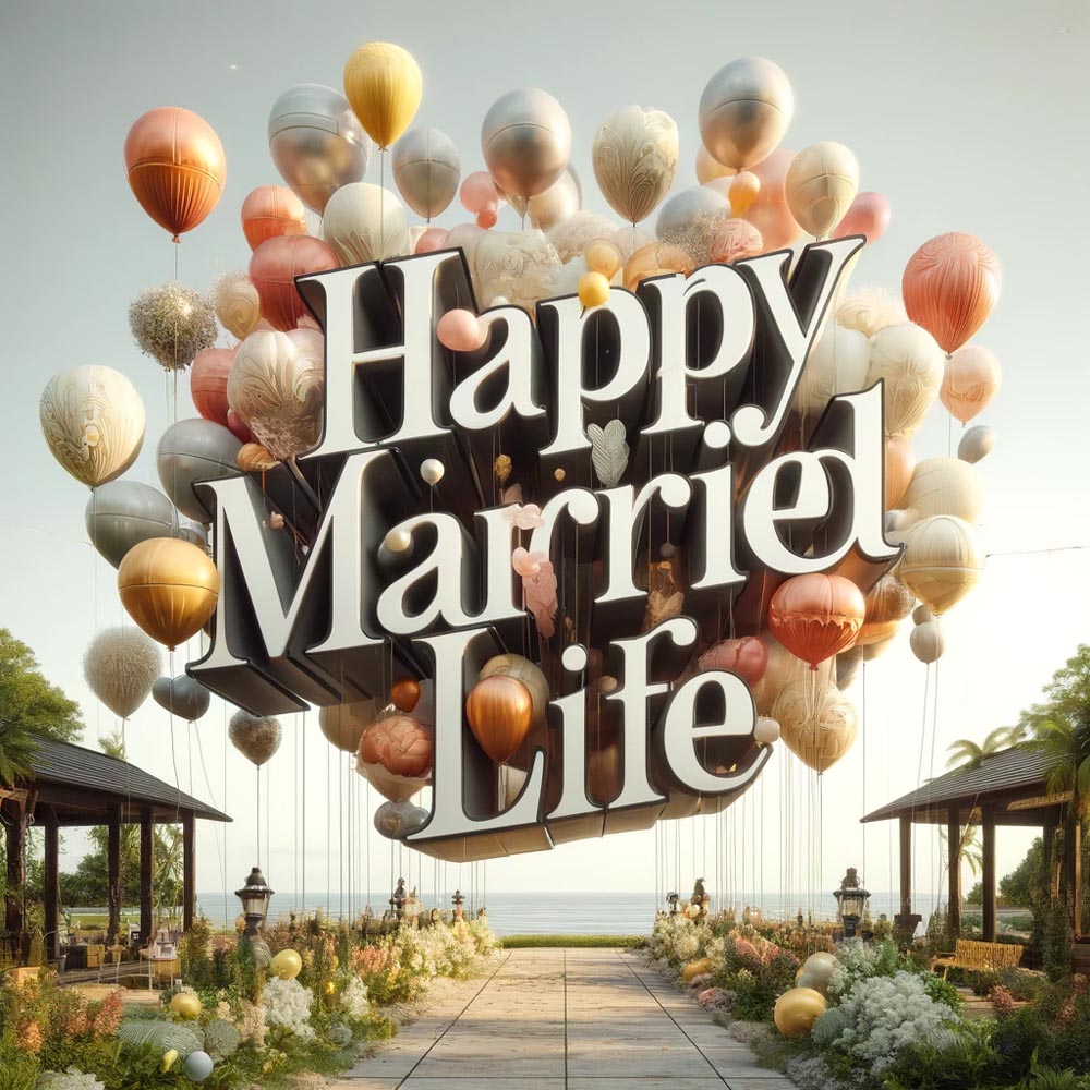 DALL┬╖E 2024 05 20 22.03.53 Create an ultra realistic image with the message Happy Married Life displayed in large elegant text featuring balloons. The scene should depict a India's Favourite Online Gift Shop