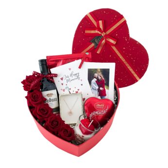 Romantic gifts for Valentine’s Day embellished with personalized photo cards, chocolates, and more