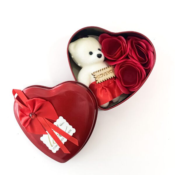 Captivating heart shape metal box with florona red rose and small teddy bear - Image 2