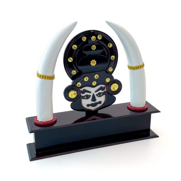 A complete showcase decor: Wooden kathakali head with stand and aanakombu - Image 2