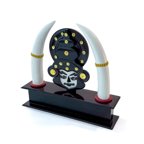 A complete showcase decor: Wooden kathakali head with stand and aanakombu - Image 3