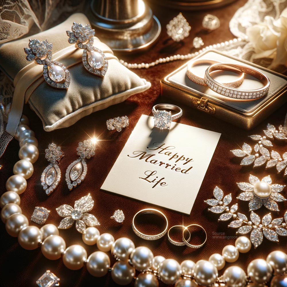 image featuring elegant wedding jewelry with the message Happy Married Life India's Favourite Online Gift Shop