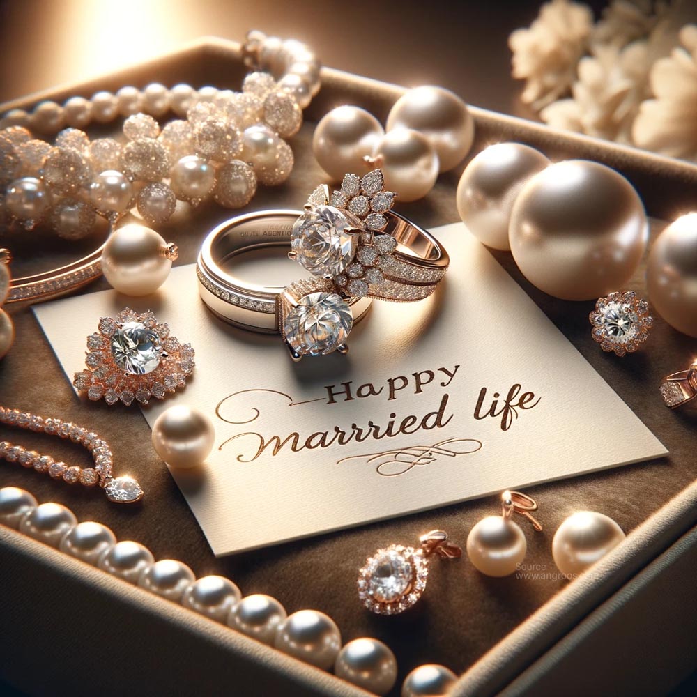 realistic image featuring elegant wedding jewelry with the message Happy Married Life India's Favourite Online Gift Shop