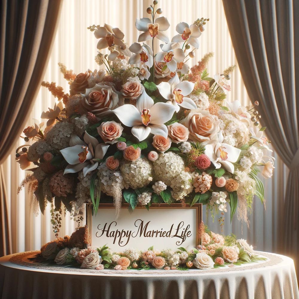 realistic image of a floral centerpiece with the message Happy Married Life India's Favourite Online Gift Shop