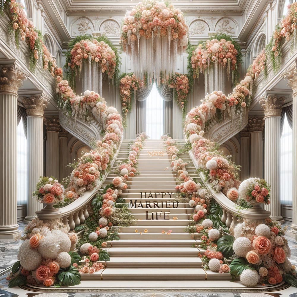 ultra realistic image of a grand floral staircase with the message Happy Married Life India's Favourite Online Gift Shop