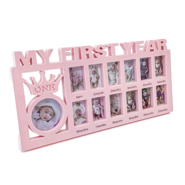 1st birthday photo frame for babies with12  arranged slots and photos (H 7.2 x W 0.5 x L 15 Inch) – Pink - Image 2