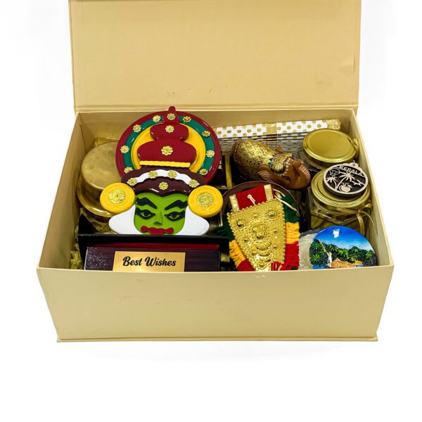 Kerala traditional gift hamper filled with Kathakali Stand, Nettipattam, and more Kerala gifts - Image 2