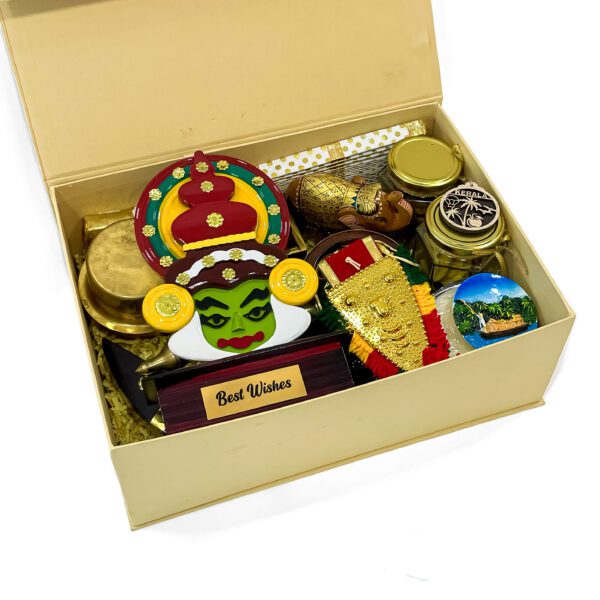 Kerala traditional gift hamper filled with Kathakali Stand, Nettipattam, and more Kerala gifts - Image 3