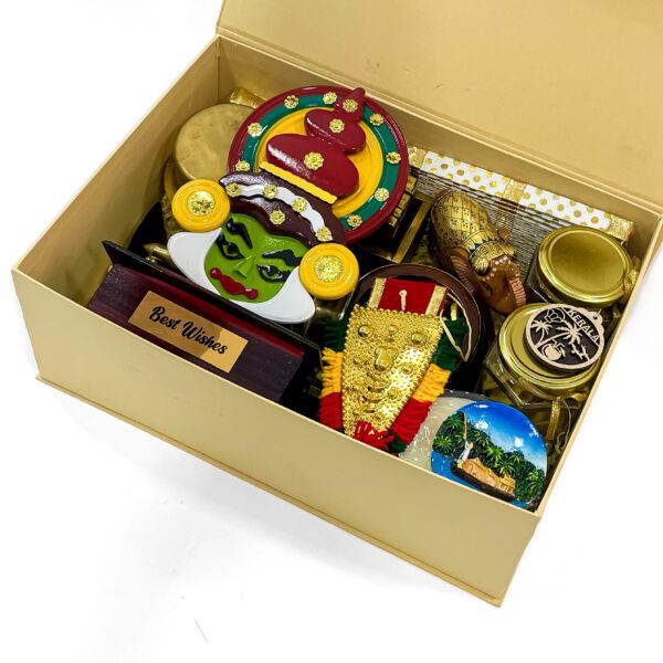 Kerala traditional gift hamper filled with Kathakali Stand, Nettipattam, and more Kerala gifts - Image 4