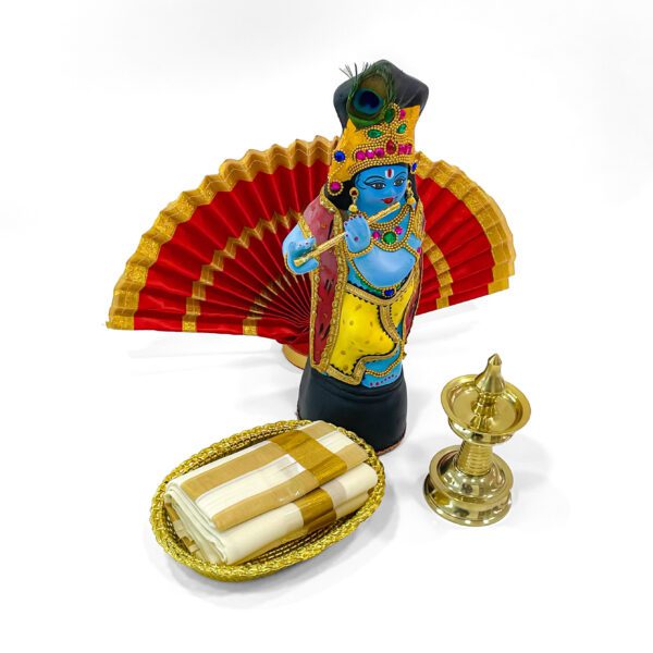 Vishu Celebration Combo: Krishna Idol(H-14inc, L-4.6inc), Thiru Udayada(H-9inc ,L-16inc), Nilavilakku, Mundu Cloth & Tray - Image 2