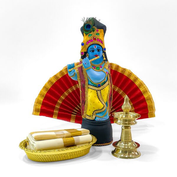 Vishu Celebration Combo: Krishna Idol(H-14inc, L-4.6inc), Thiru Udayada(H-9inc ,L-16inc), Nilavilakku, Mundu Cloth & Tray - Image 3