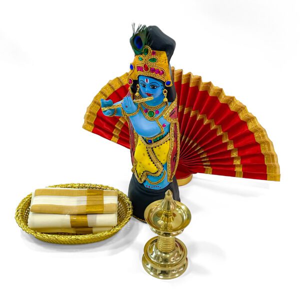 Vishu Celebration Combo: Krishna Idol(H-14inc, L-4.6inc), Thiru Udayada(H-9inc ,L-16inc), Nilavilakku, Mundu Cloth & Tray - Image 4