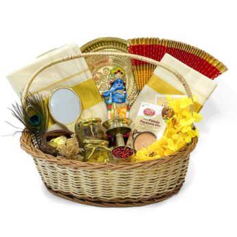 Divine Essence: Vishu Splendor Gift Hamper includes Kasavusaree, Kasavu mundu, Nilavilakku, Idol lord Krishna and more