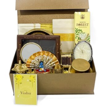 Glorious Traditions: Vishu Spectacular Gift Hamper includes  Krishna with Thiru Udayada, Coconut Shell Candle, Nilavilakku, Boat Tea Coaster and more