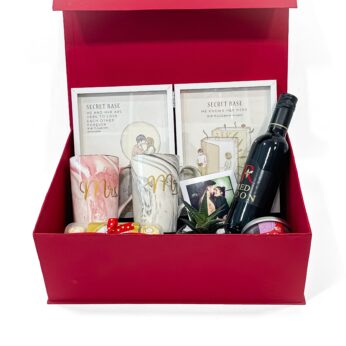 The Ultimate Anniversary Gift Box with Mr and Mrs Mugs, Book Photo Frame, Ferrero Rocher, Red Noon, Scented Candle, Plant and Pot, and Greeting Card