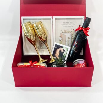 Elegant Wedding Gift Set: Golden Wine Glasses, Book Photo Frame, Ferrero Rocher, Red Balloon, Scented Candle, Plant & Pot, Greeting Card – 5.1 inches Height