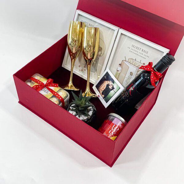 Elegant Wedding Gift Set: Golden Wine Glasses, Book Photo Frame, Ferrero Rocher, Red Balloon, Scented Candle, Plant & Pot, Greeting Card - 5.1 inches Height - Image 2