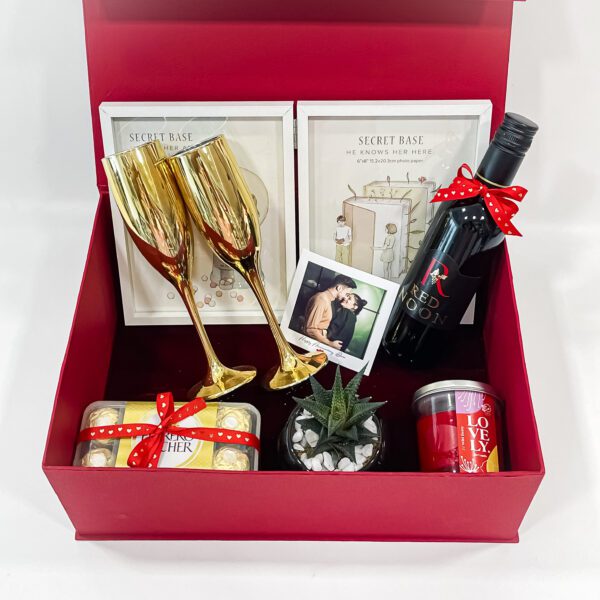 Elegant Wedding Gift Set: Golden Wine Glasses, Book Photo Frame, Ferrero Rocher, Red Balloon, Scented Candle, Plant & Pot, Greeting Card - 5.1 inches Height - Image 3