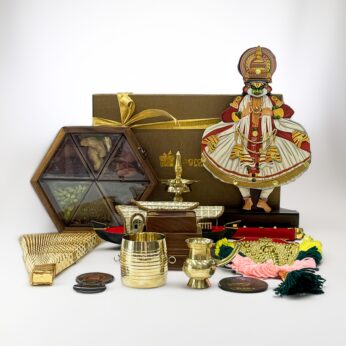 Kerala’s unique gift hamper adorned with Kathakali Stand, Thiru udayada, Brass items, and more