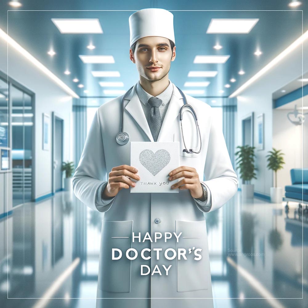 DALL E 2024 06 03 08.57.30 An ultra realistic square image for Doctors Day featuring a doctor in a white coat and stethoscope standing in a modern hospital corridor. The doct India's Favourite Online Gift Shop