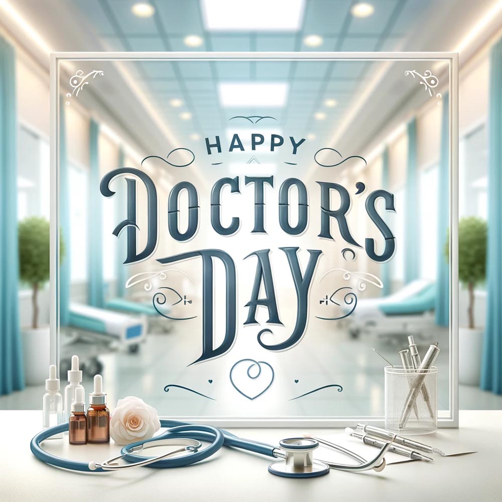 DALL E 2024 06 03 08.57.54 An ultra realistic square image for Doctors Day featuring a large text Happy Doctors Day in elegant professional font. The background includes a India's Favourite Online Gift Shop