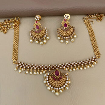 Traditional Gold-Tone Festive Necklace Set with Faux Rubies and Pearls